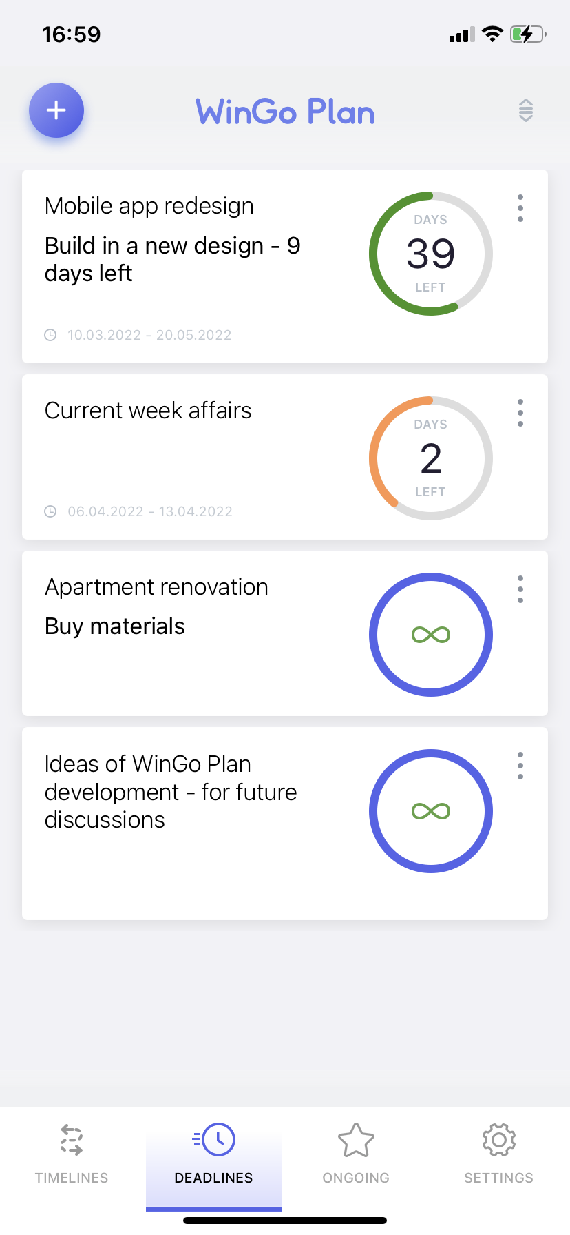WinGo Plan planner: projects’ deadlines